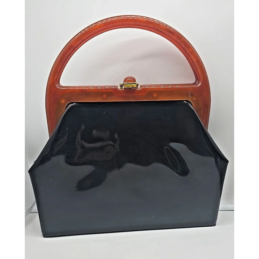 Vintage 50's Unique LUCITE PURSE Handbag AMBER US Pat. Black‎ Flowers